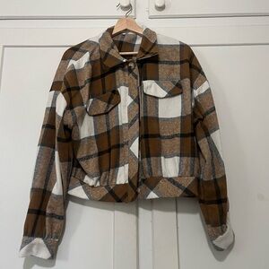 Cropped Plaid Flannel Jacket Brown & Cream Button-Up – Size Large L